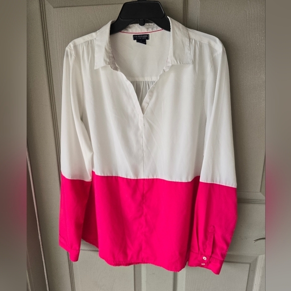 U.S. Polo Assn Shirt Women Sz L White Pink Pullover Long Sleeve Colorblock - Picture 3 of 9